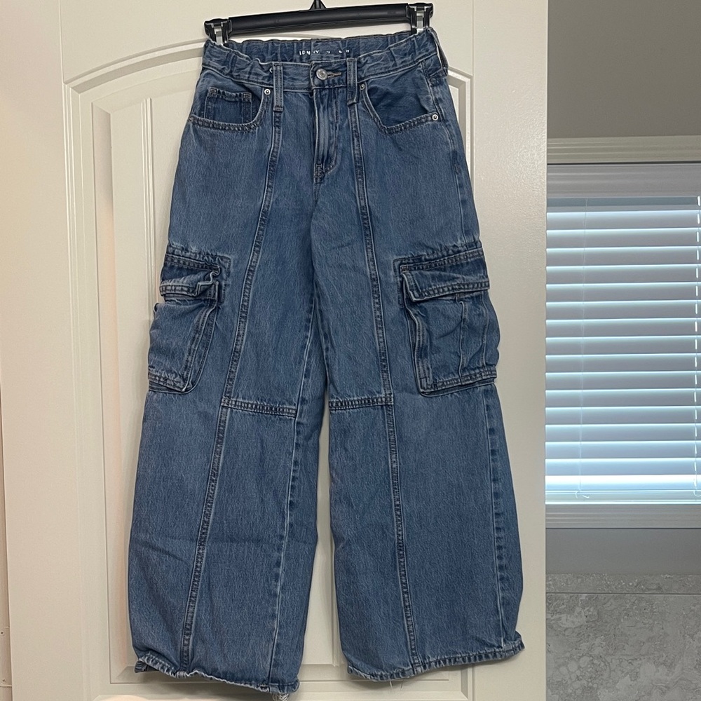Kids Wide-Leg Denim Cargo Jeans - Blue